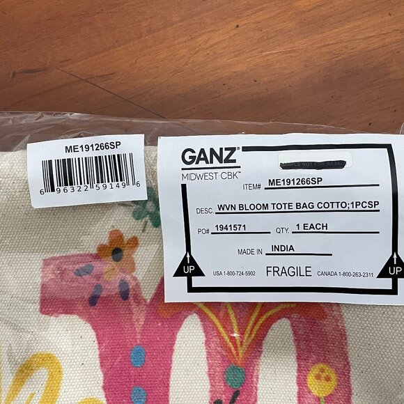GANZ "BLOOM" Canvas Tote Bag ~ 18" x 12", New with Tags - Picture 4 of 4